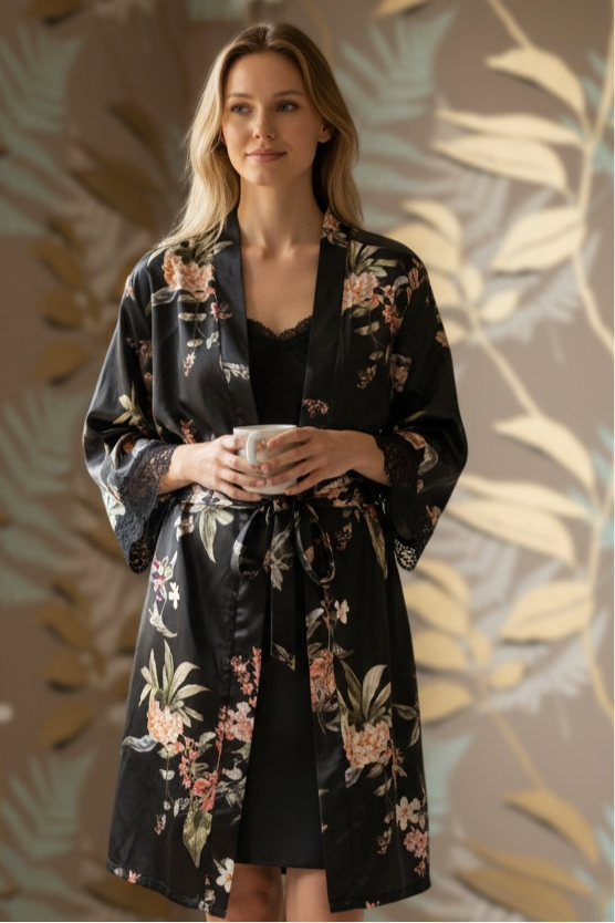 Completo vestaglia e camicia raso fioriti