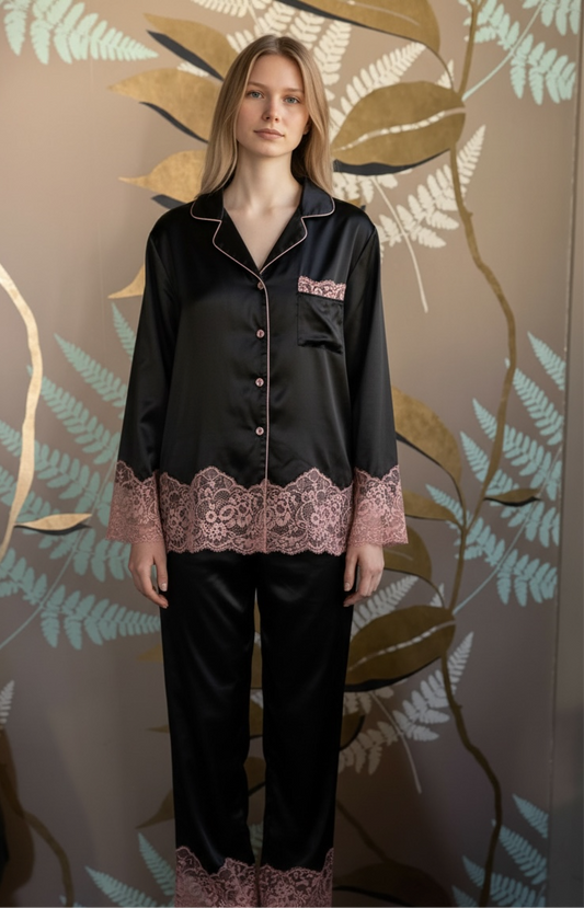 Pigiama raso nero pizzo rosa