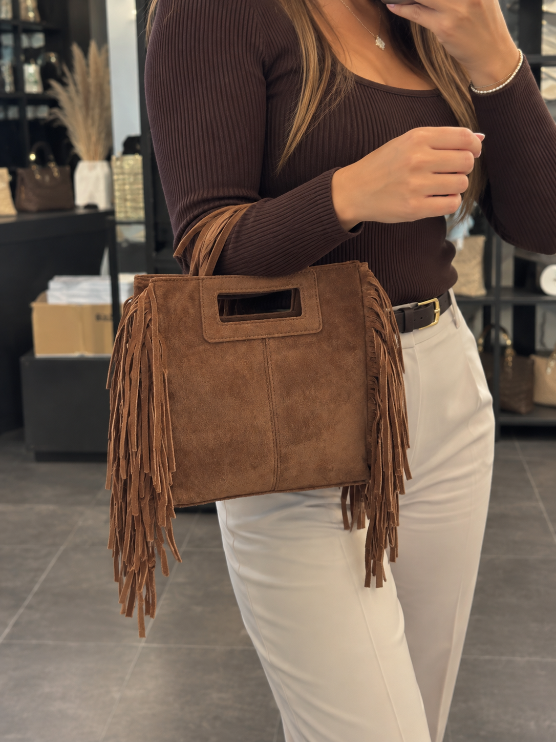Borsa frange camoscio chocolate